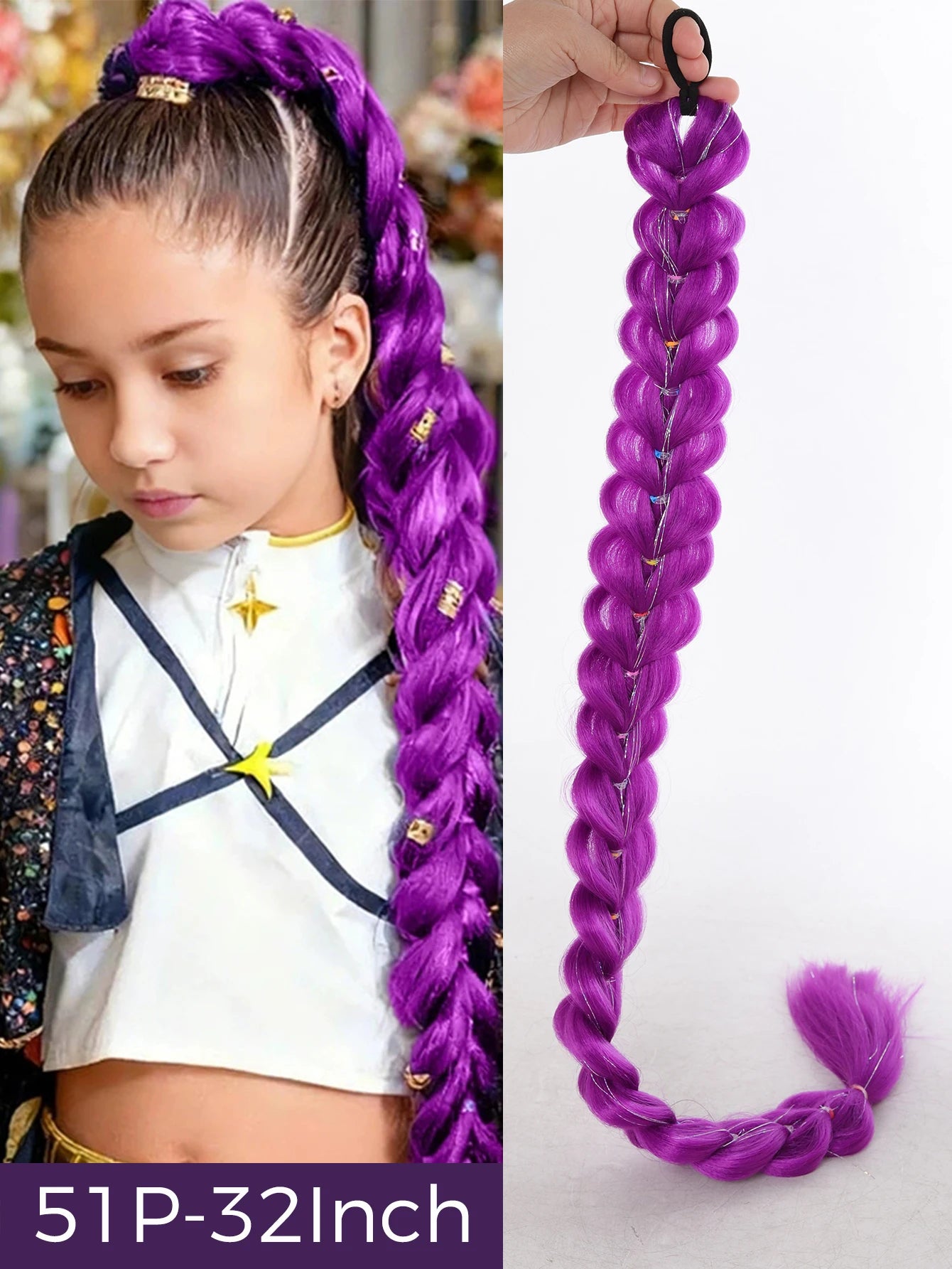 Synthetic 26inch Long Ponytail with Clips Braided Purple Hair Ponytail Rumi Costume Hairstyle for Kids Girls Halloween Christmas