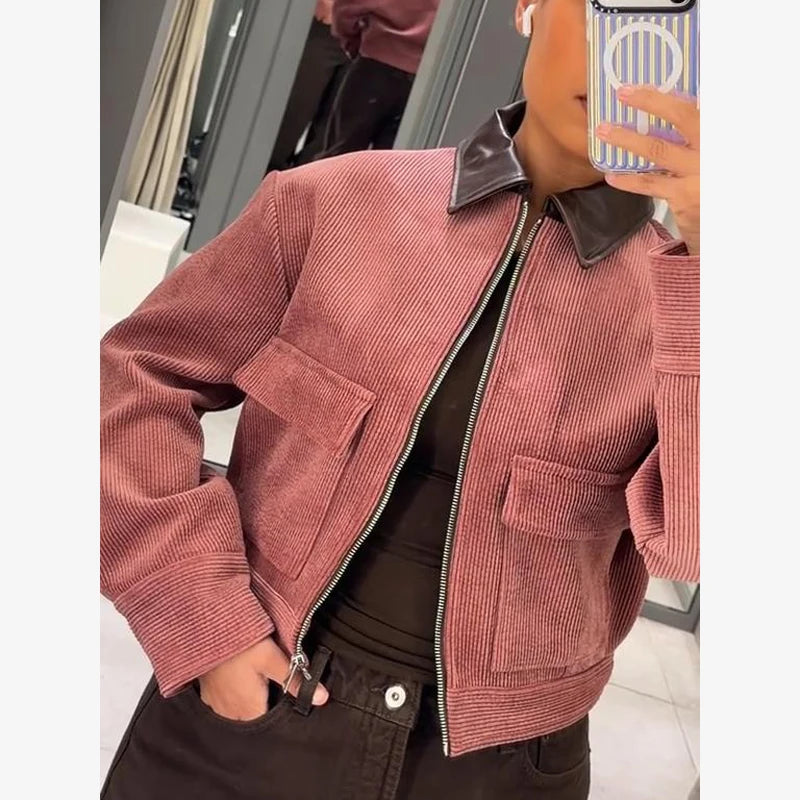Women Pu Leather Collar Pink Cropped Jacket Corduroy Fashion Long Sleeve Zipper Coat 2026 New Lady Spring Chic Street Outwear