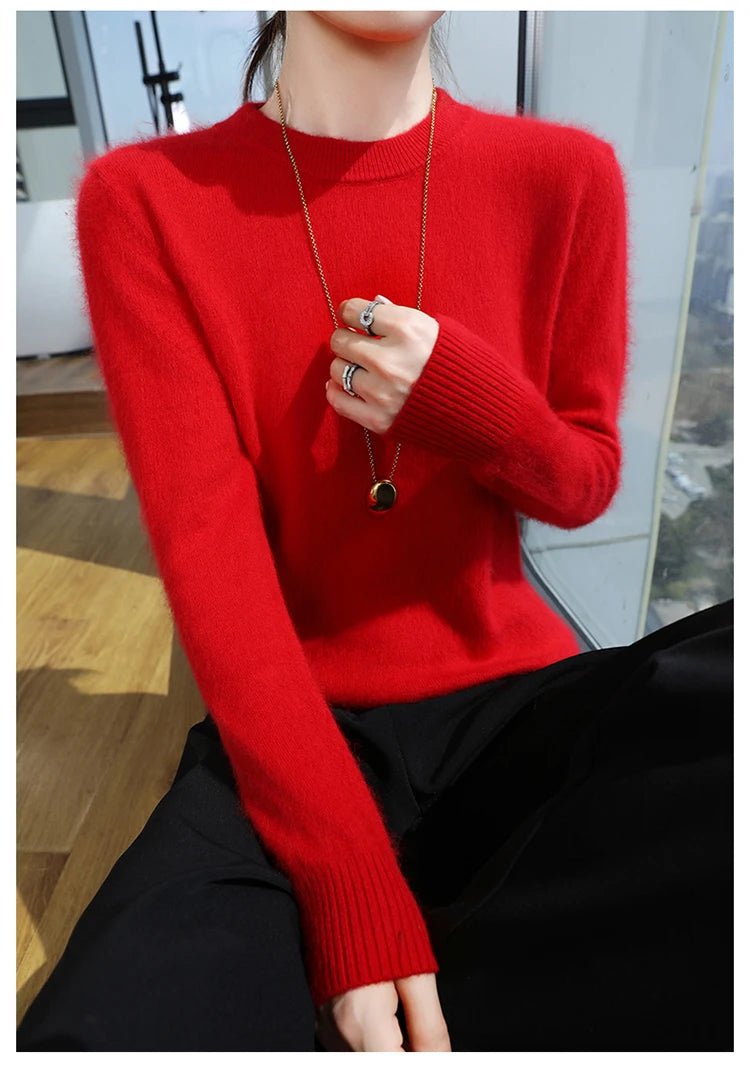 Autumn and winter women's semi high neck pullover sweater solid color knitted slim fit women's 100 mink cashmere sweater new sty
