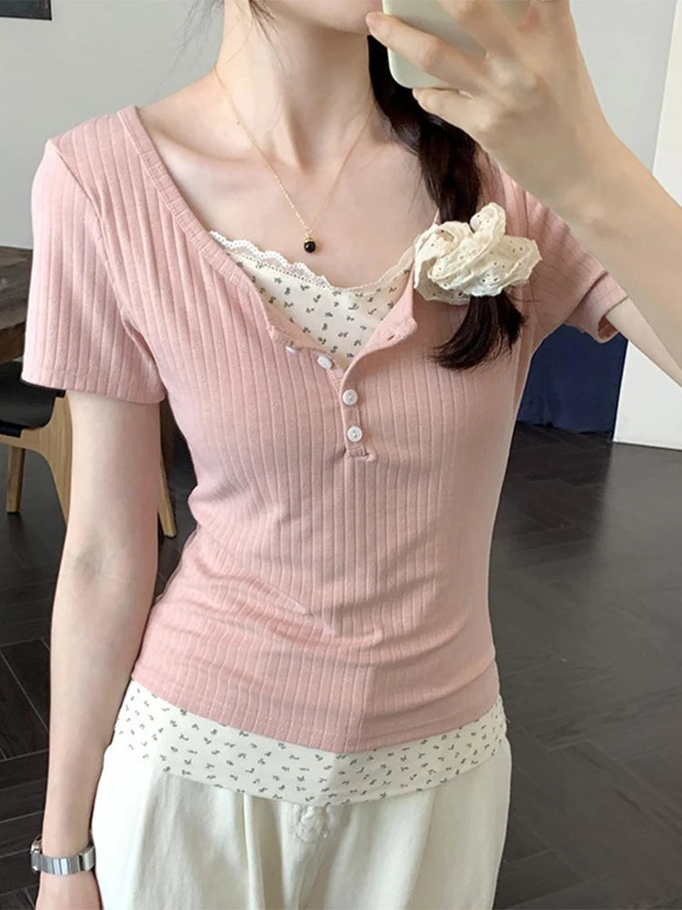Floral Patchwork Long Sleeve T-shirt False Two-piece Lace Women Top 2025 Spring Slimming T-shirt Fashion Korean Style Clothing