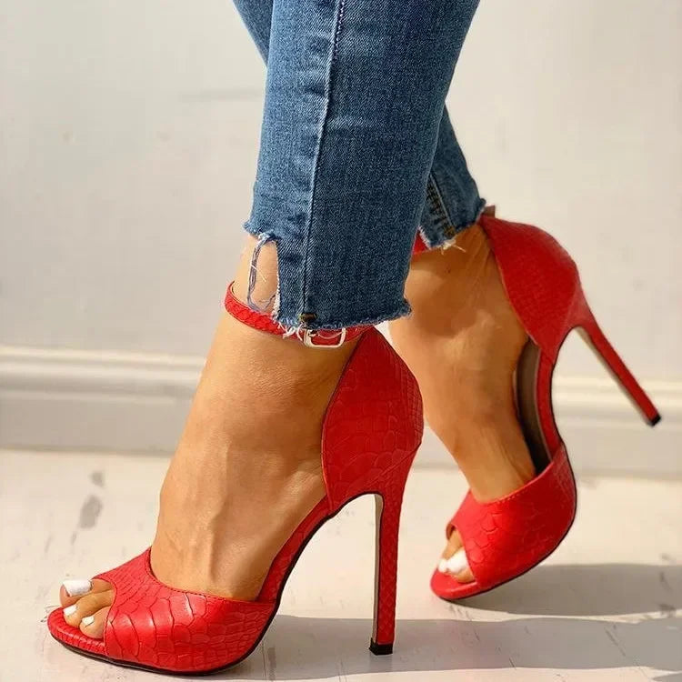 Sexy White Dress Wedding Shoes Women Ankle Strap Peep Toe High Heel Sandals Super High Heels Buckle Snake Pattern Woman Pumps