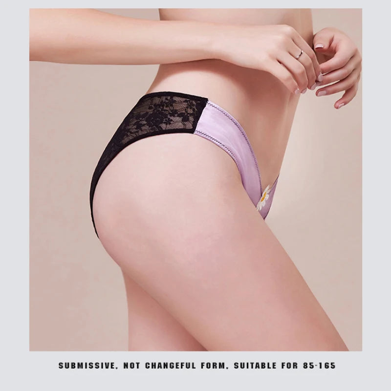 European Sizes Satin Luxury Style Women Sexy Low Waist V Shape Lace Flower Underwear Breathable High Stretch Soft Panties Breifs