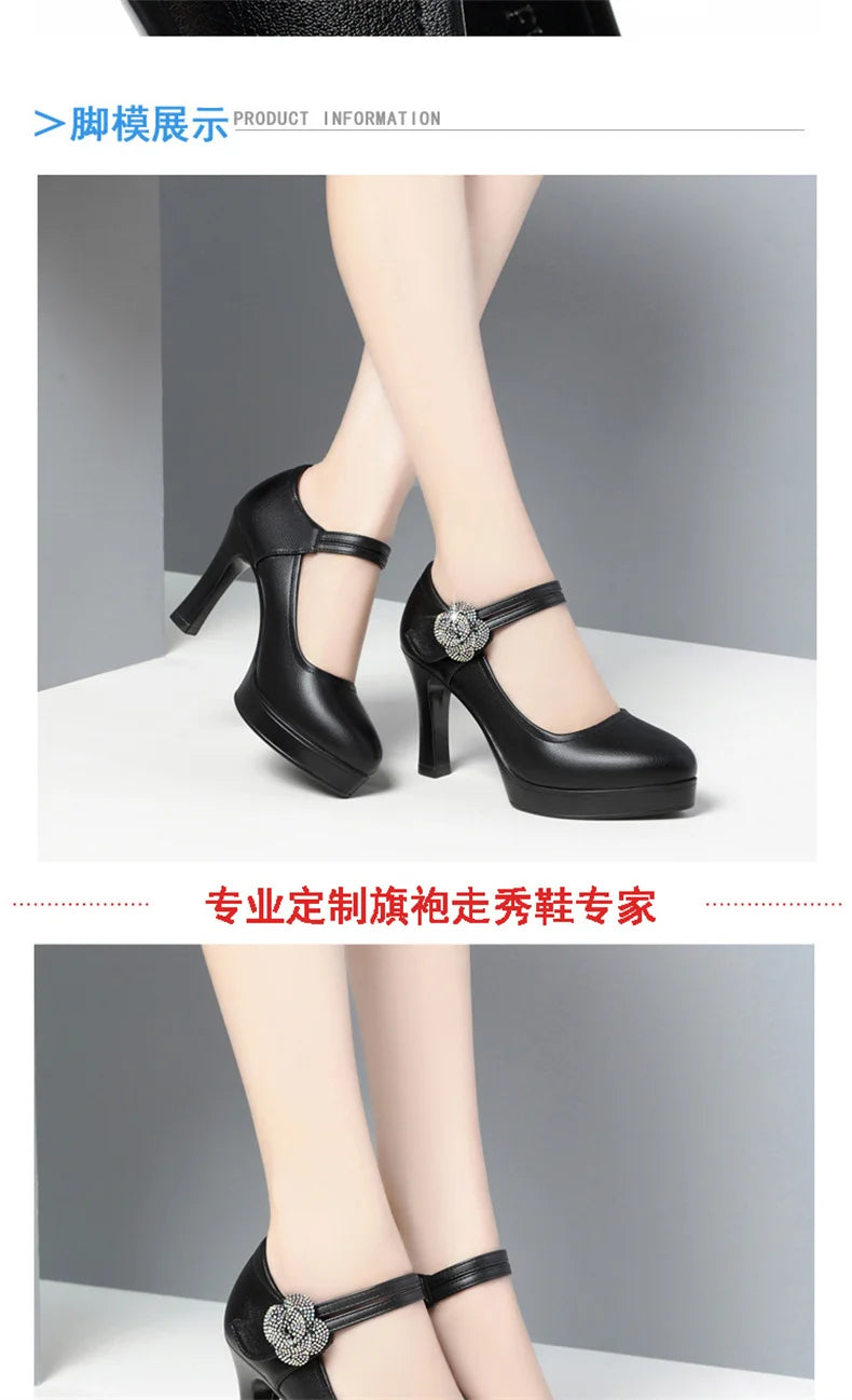 Women's Pumps Pointed Toe Office Soft Leather Flower Buckle Strap Platform High Heels Four Season Shallow Mouth Single Shoes