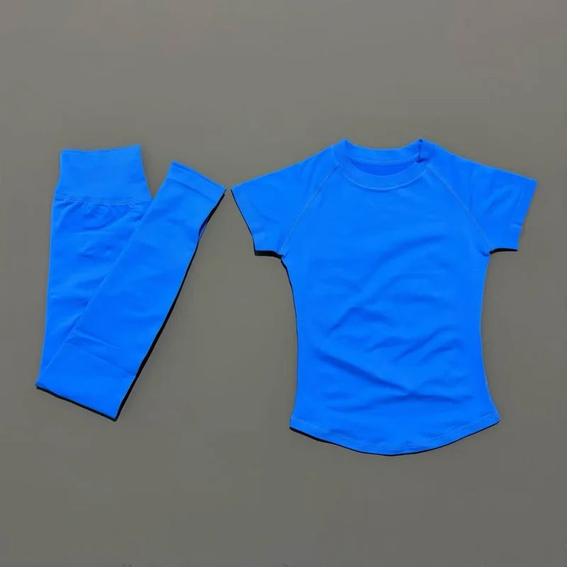2 Pieces HISTELLO Yoga Set Women Short Sleeve Crop Top Low Waist Butt Lifter Leggings Seamless Breathable Stretch Fitness Sets