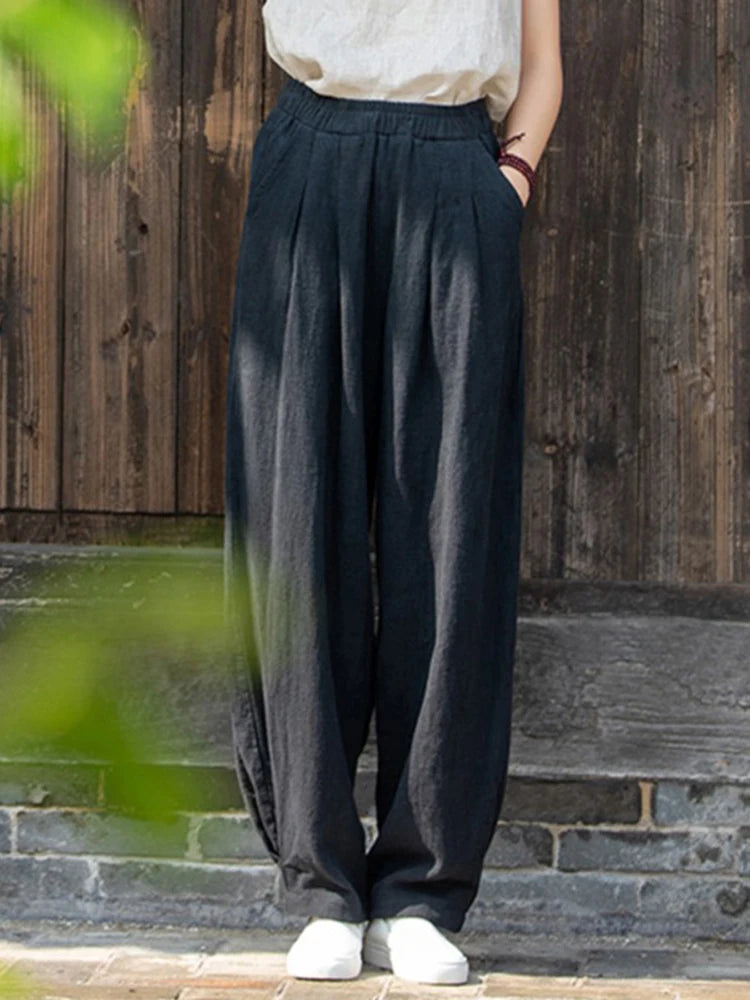 Johnature Women Loose Cotton Linen Casual Pants Solid Color Elastic Waist Lantern Pants 2025 Spring New Female Trousers