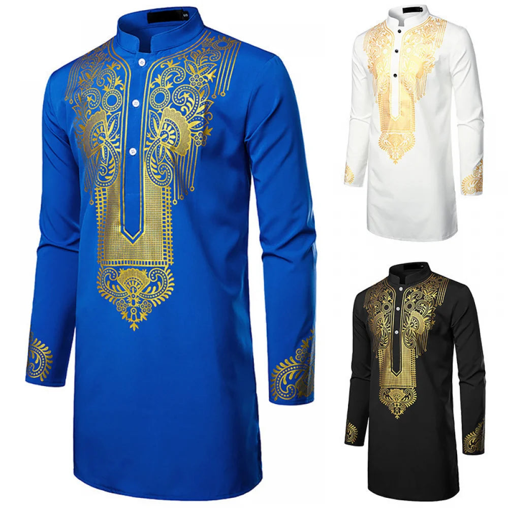 Men's Traditional African Shirt Print Golden Flowers Long Sleeve Shirt Ethnic Casual Outfits Wedding African Streetwear