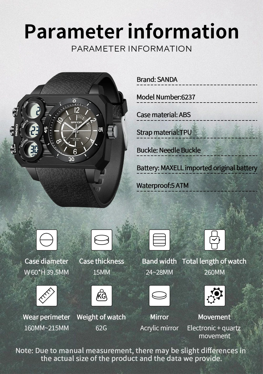 SANDA Men Watch Square Big Dial Waterproof Double Display Wristwatch Man Chronograph Digital Clock Men's Military Quartz Watches