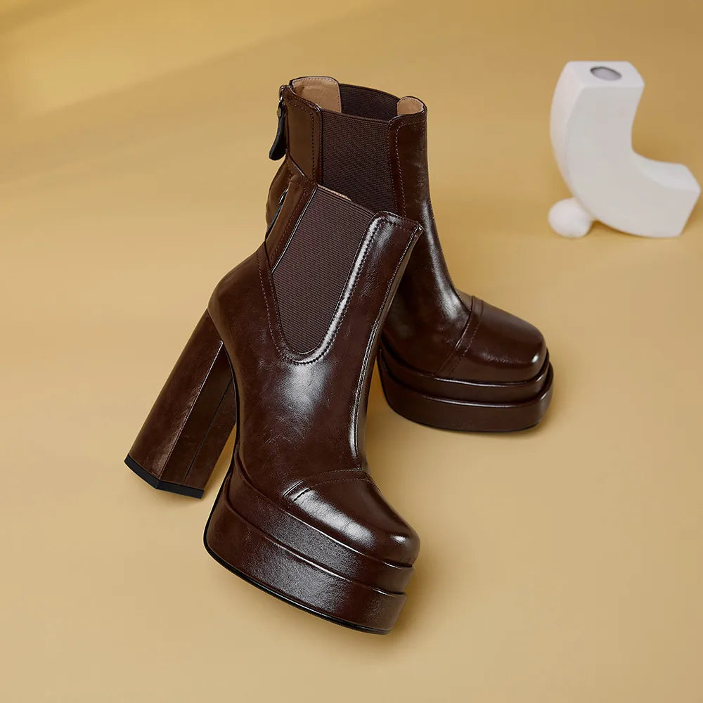 Aucegi Women Genuine Leather Back Zipper Ankle Boots Fashion Square Toe Platform Thick High Heels Party All Match Casual Shoes