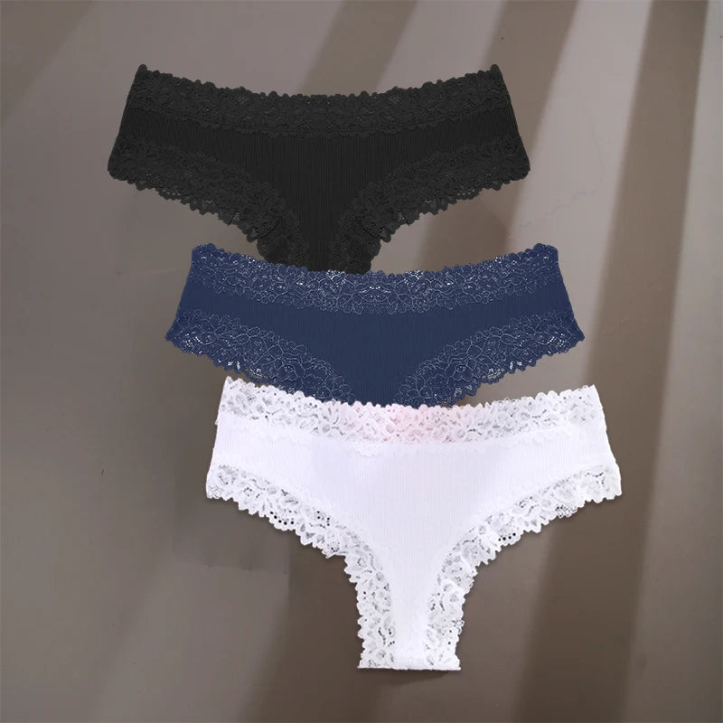 3Pcs/Set Sexy Lace Briefs Cotton Panties Women's Fashion 7 Solid Color Comfortable Briefs Low Waist Underpants Stretch Underwear