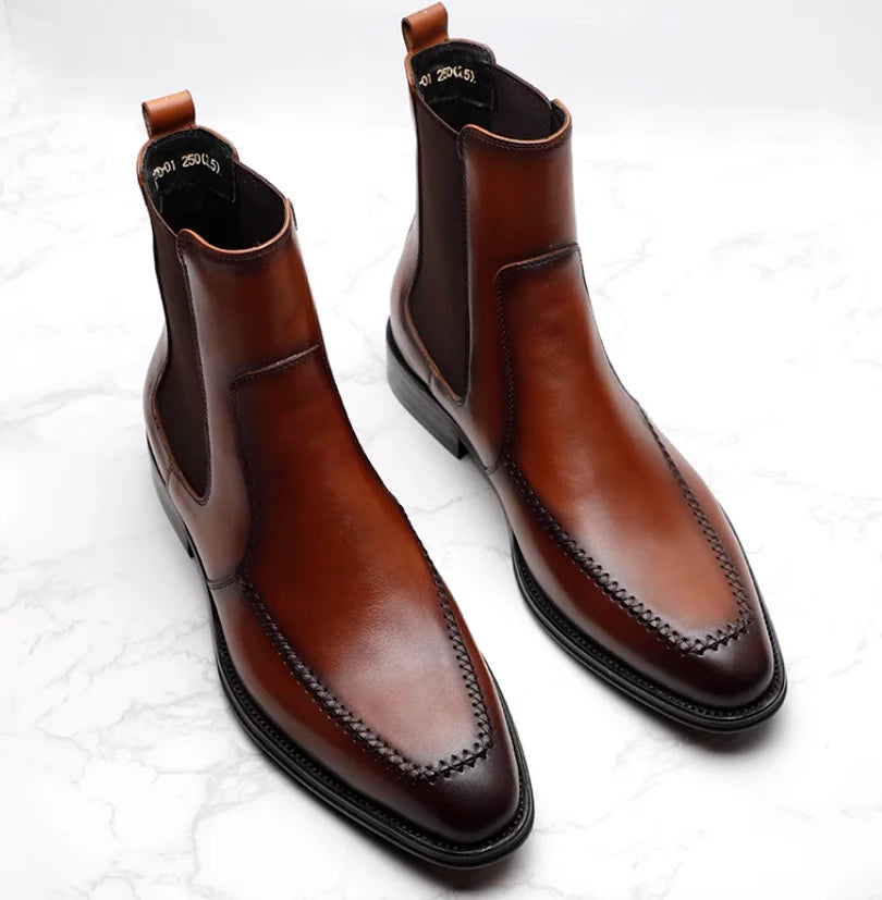 New men's Chelsea boots, youth British pointed leather shoes, vintage sleeve cowhide men's short boots.