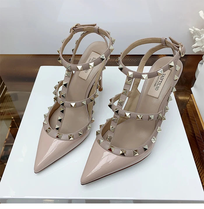 Nude Women's Gladiator sandals Summer 2025 Luxury With Ankle Strap Pointed Toe Fashion Rivet High Heels Party Ladies Shoes Women