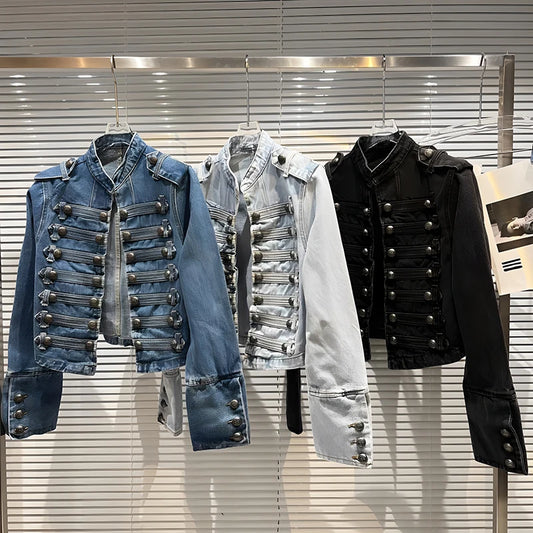 2026 Autumn New Fashion Metal Buckle Design Shoulder Strap Denim Short Jacket For Women High Street Coat Female