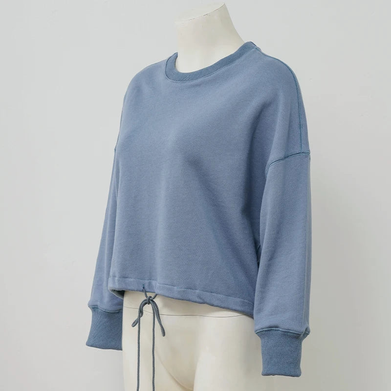 100% Cotton Women's Drawstring Sweatshirt Autumn New Casual Solid Long Sleeved Korean Fashion Streetwear Female Pullover