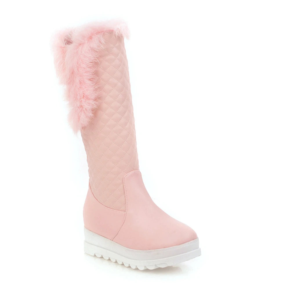 Winter Warm Fur Knee High Boots Womens Platform Snow Boots High Heels Female Padded Shoes  High Boots  Free Ship Big Size 41