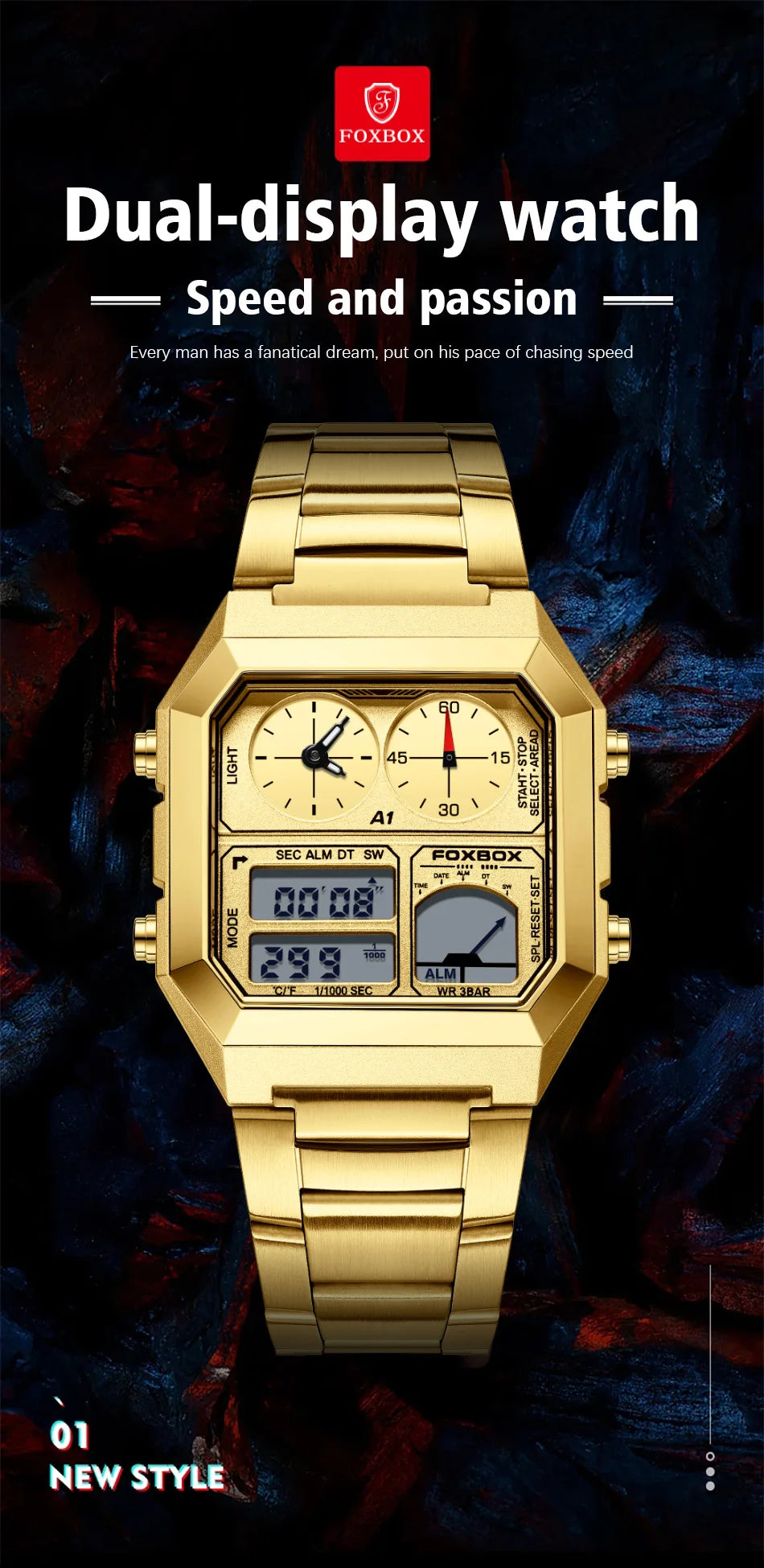 FOXBOX Top Brand Luxury Stainless Steel Chrono Sport Watches Men Back Light Display Digital Wristwatch 3Bar Waterproof Reloj+Box