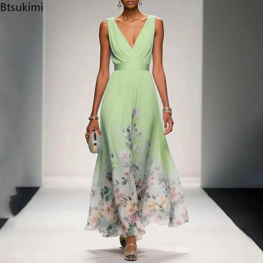 New Fashion Party Dresses Summer Women's Sexy Deep V Neck Floral Print Ruffle Sleeveless High Waist A Line Beach Dress Vestidos
