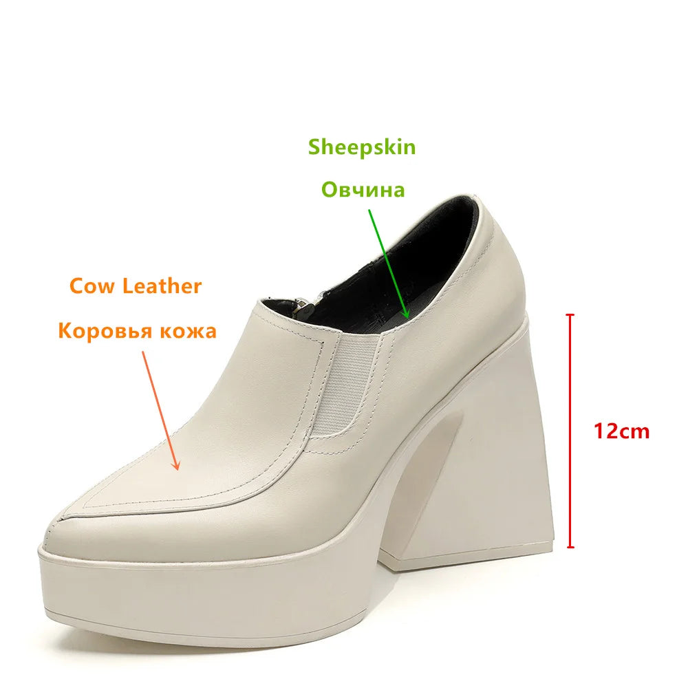 Aucegi New Spring Autumn Women Genuine Leather Pumps Classic Style Pointed Toe Platform Chunky Heel Retro Zipper Handmade Shoes