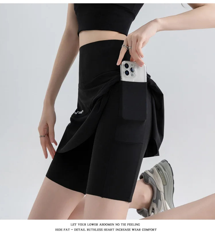 Fake Two Short Skirt Pants with Summer Pockets Crotch Half Skirt for Women High Waisted Oversized Quick Drying Sports Yoga Pants