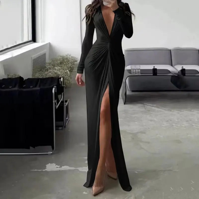 Women Maxi Dress Autumn 2023 New Fashion Sexy Slit V Neck Long Sleeve Solid Slim Pleated Evening Party Prom Dresses