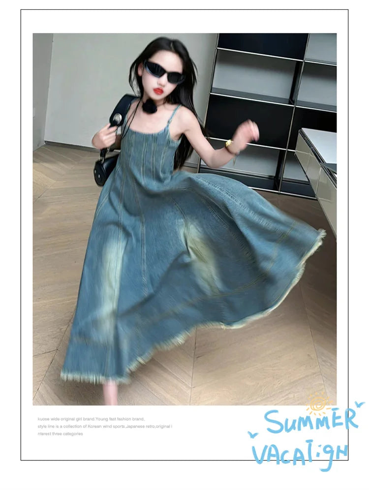 Kids Luxury Clothing Summer Denim Dress with Straps for Teenage Girls High Fashion Streetwear Outfit Children Casual Jeans Dress