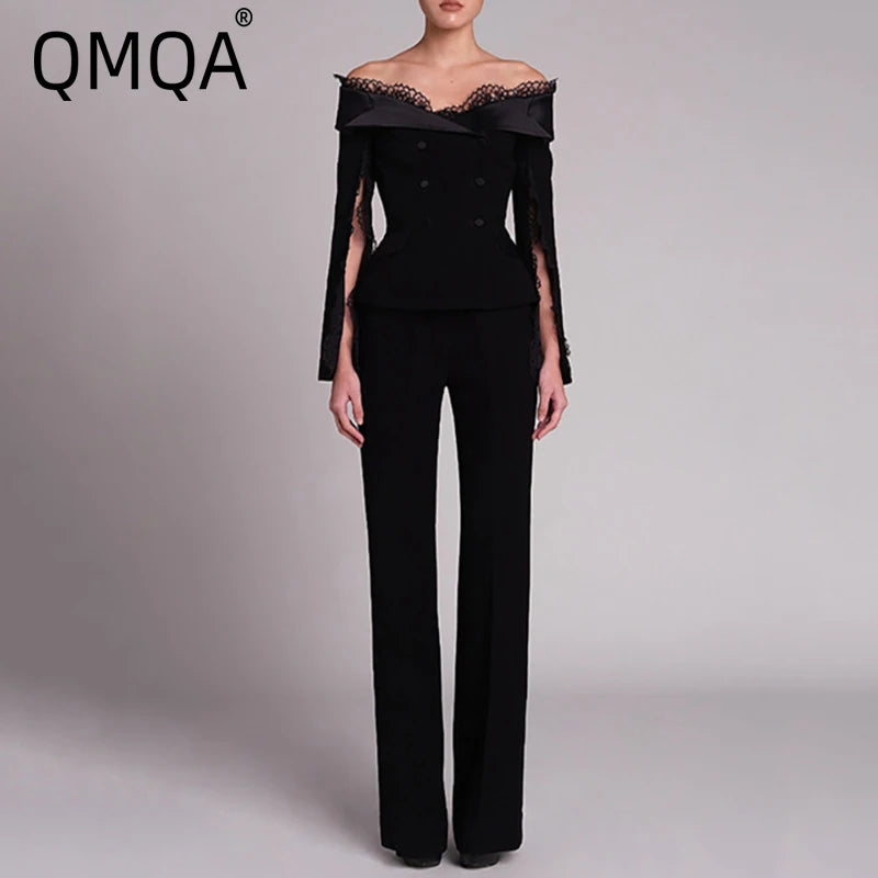 QMQA Fashion Women's 2 Pcs Set Slash Neck Long Sleeveless Patchwork Lace Blazer High Waist Slim Pants Sets Female New 1A656