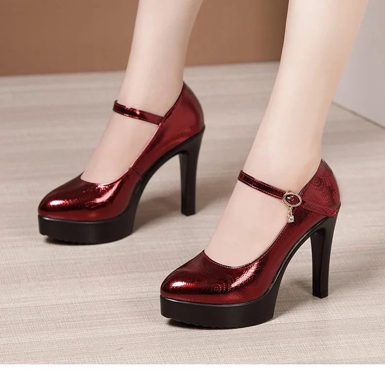 9cm 11cm 13cm Small Size 32-43 Sexy Bright Leather Shoes Women's Platform Pumps 2026 Fall Block High Heels Shoes Model Party