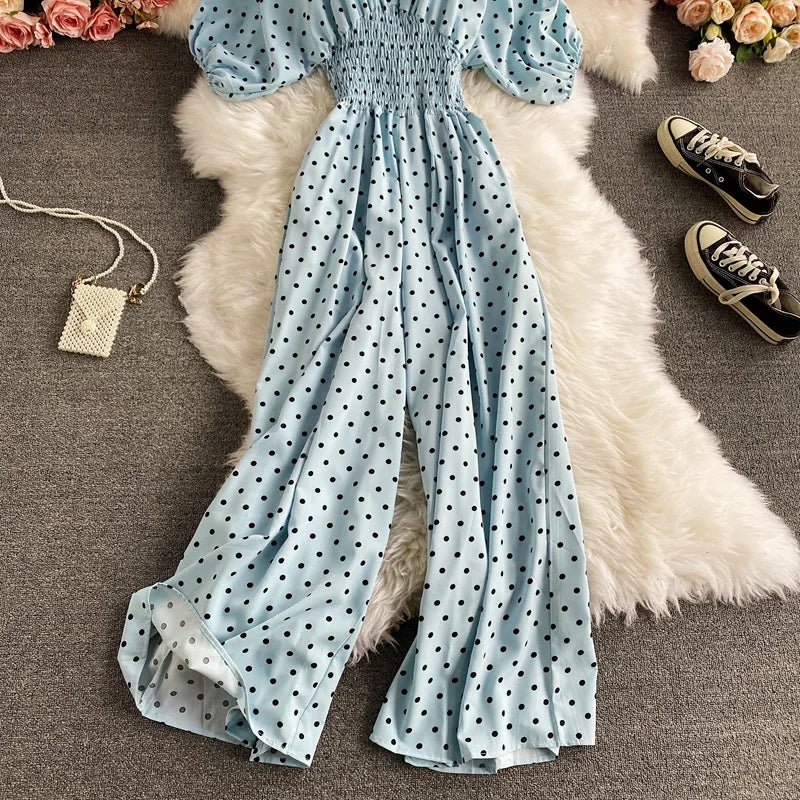 V Neck Sexy Dolman Sleeves Waist Slim Floral Print Jumpsuit Women Wide Leg Trousers Jumpsuit