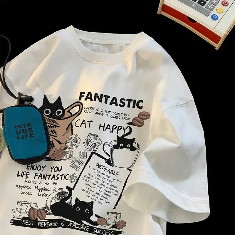 Oversize Cartoon Cat Print T Shirt Unisex Short Sleeve Korean Version