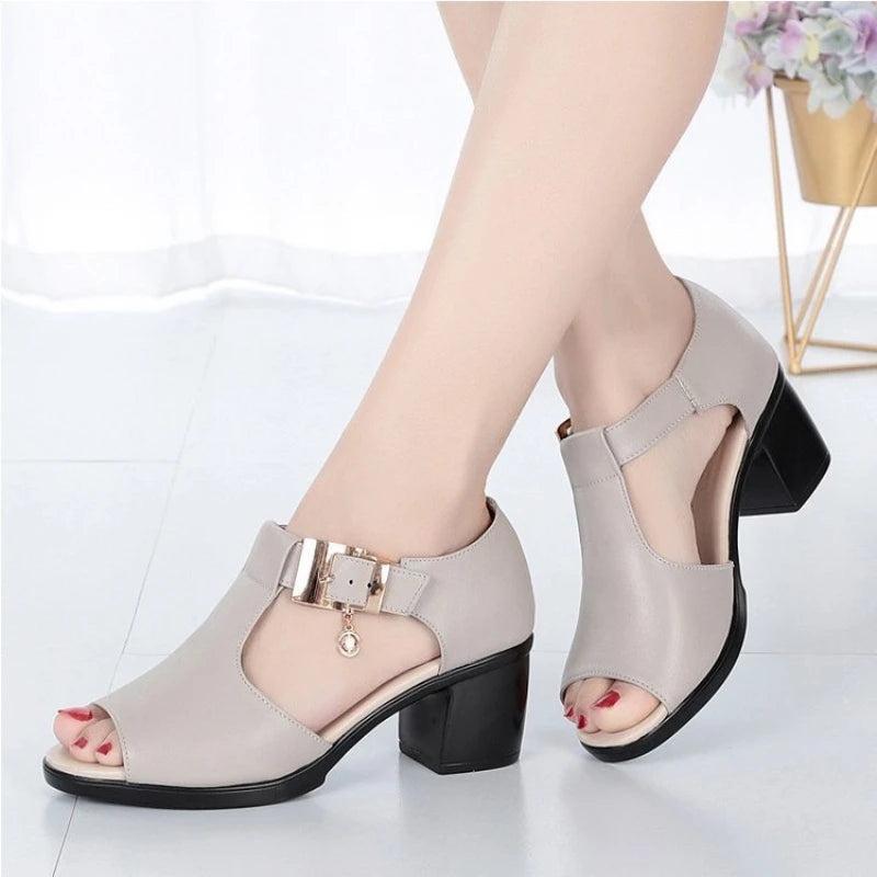 Summer Women Sandals Peep Toe Mom Shoes Thick Heels Female High Heels Metal Buckle Non Slip Women Shoes Trend Sandalias De Mujer