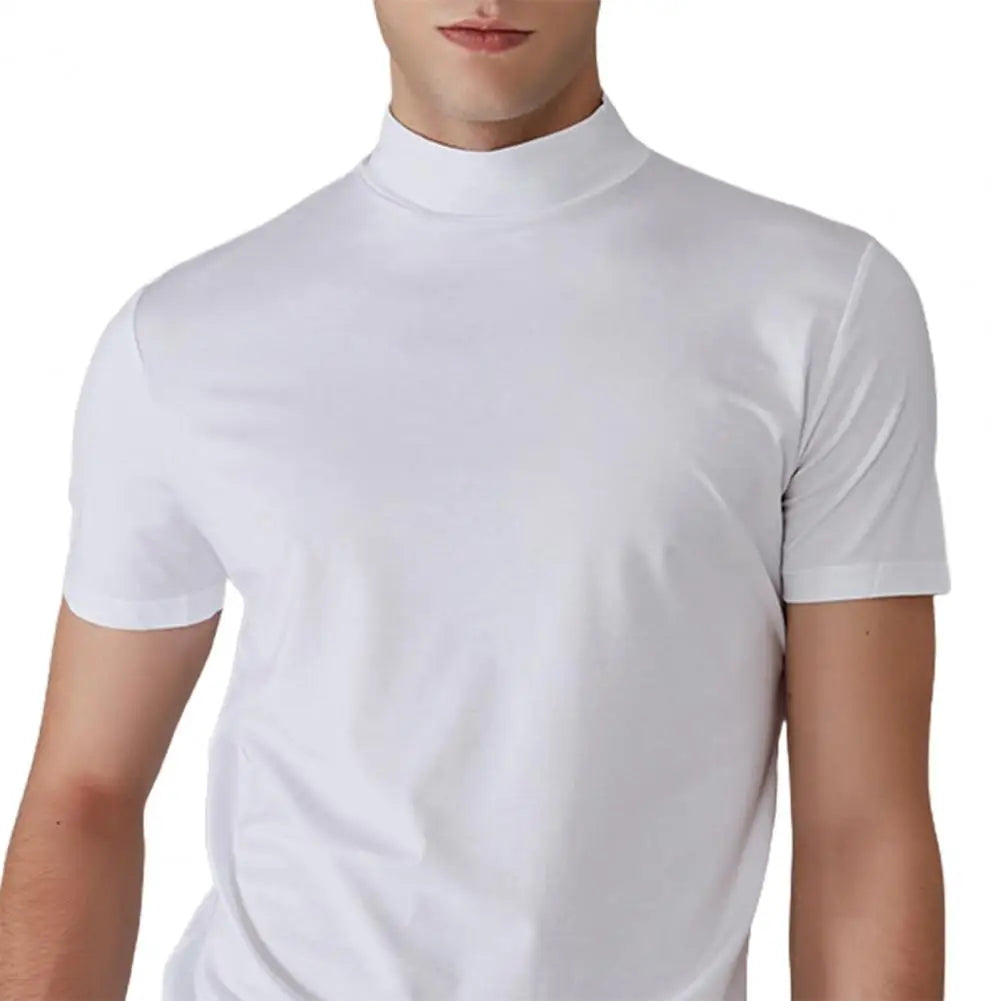 Summer Casual Short Sleeve T-shirt For Men Half High Collar Slim Fit T-shirt Solid Color Elastic Thin Pullover Tee Shirt