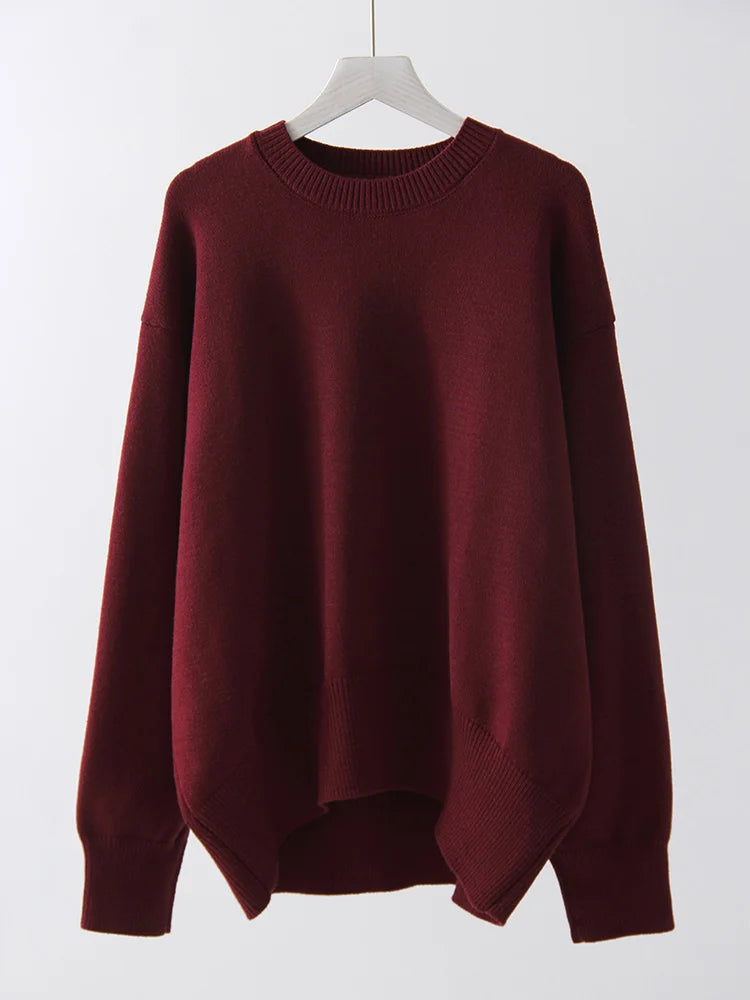 Oversize Burgundy Womens O Neck Knitwear Sweater Warm Winter Pullover