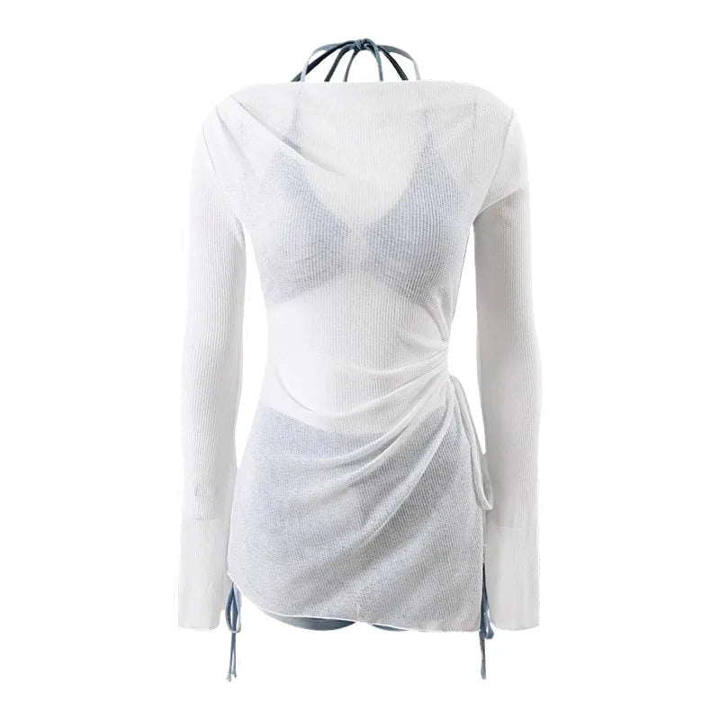 Women's 3-Piece Bikini Set White Off-Shoulder Long Sleeve Cover Up Blue Ombre Tie Side Shorts Summer Beach Bathing Suit Swimwear