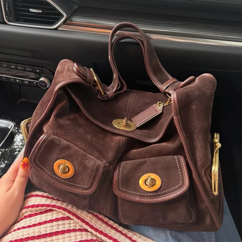 Casual Commuter Large Capacity Suede Pillow Bag Single Shoulder Crossbody Bag Vintage Style Polyester Lining Zipper Closure