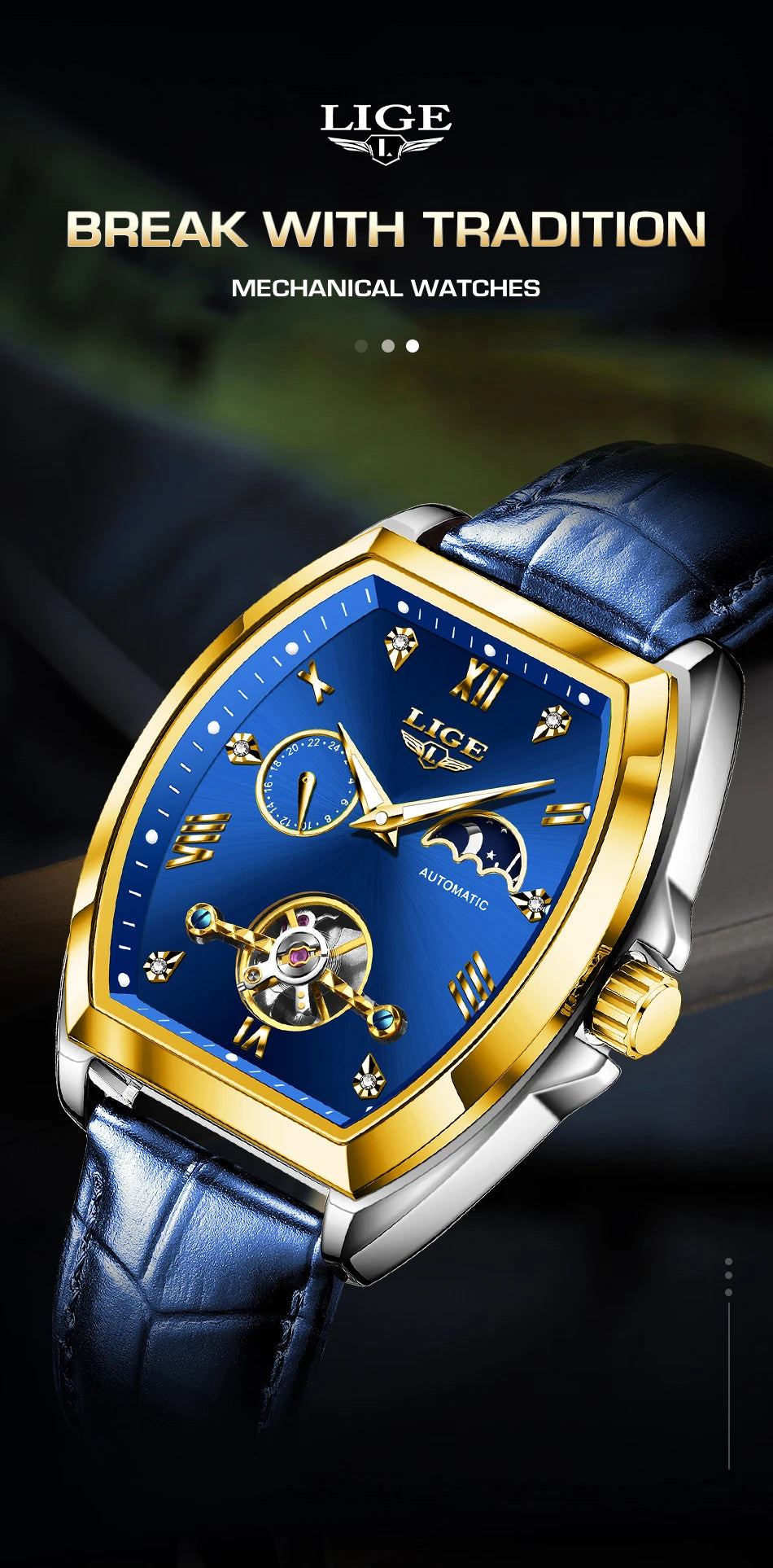 LIGE Luxury Mens Rectangular Dial Mechanical Watches Waterproof Leather Automatic Luminous Watch Business Men relogios masculino
