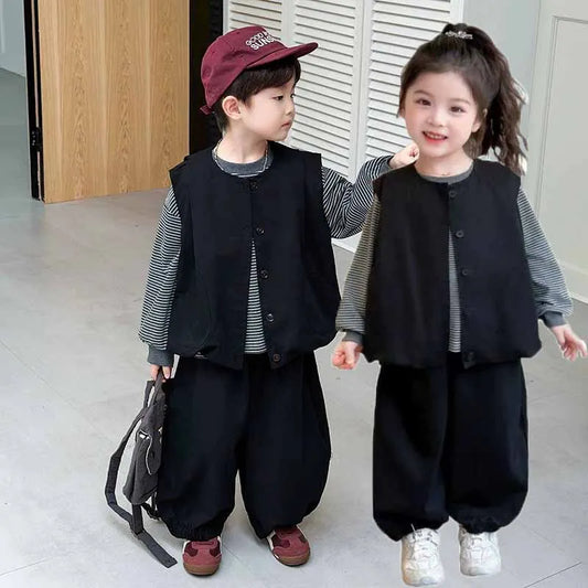 Boys' Fashion Set Spring Girls' Suit Children's Striped Top Vest  Trousers 3Pcs New Kids Casual Loose Outfits Autumn Clothing