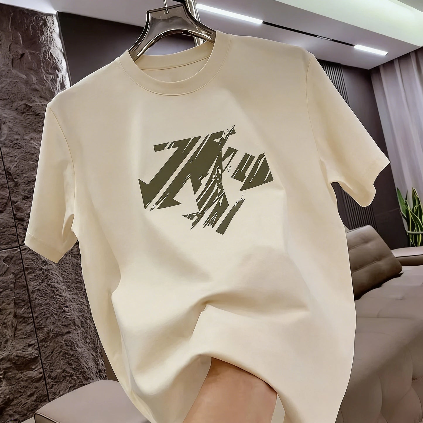 Summer New Trendy Brand Heavyweight 100% Cotton Men's Crew Neck Short Sleeve T-shirt Fashion Casual Print Versatile Top
