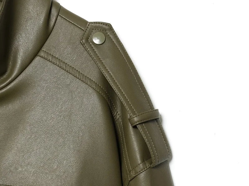 Mujer Faux Leather Cropped Bomber Jacket For Women Zipper Front Coat