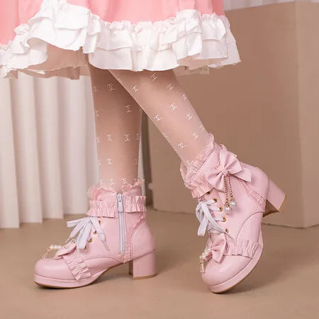 Lolita Great Quality Block High Heels Women Ankle Boots White Shoes Lace Decor Lace Up Chunky Heeled Bow Boots for Women Verclo