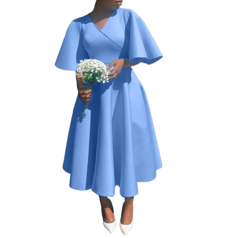 African Elegant A-line Midi Dress For Women Summer Fashion Casual Robe Femmes New Flare Sleeve Club Party Sexy Dresses Vestidos
