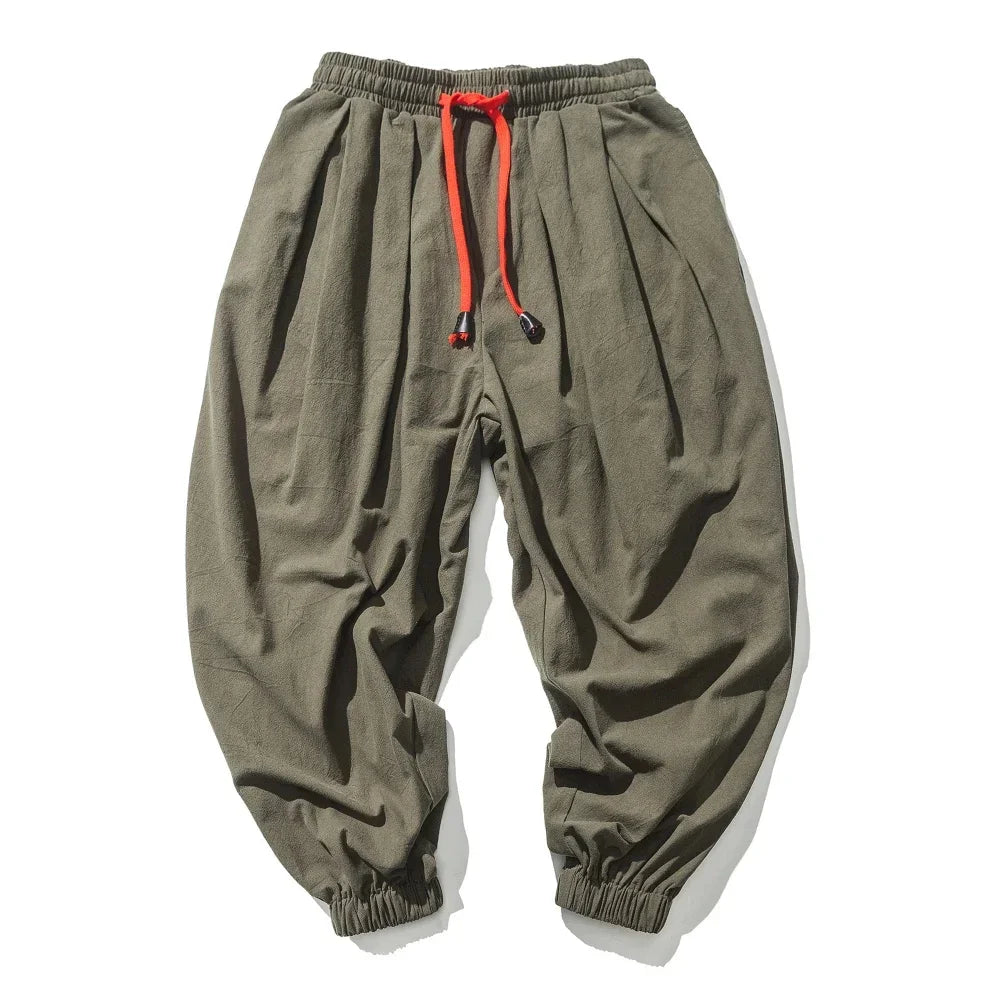Men's Casual Solid Color Harem Pants Cotton and Linen Loose Oversize Beach Pants Jogger Sweatpants Male Wide Leg Trousers