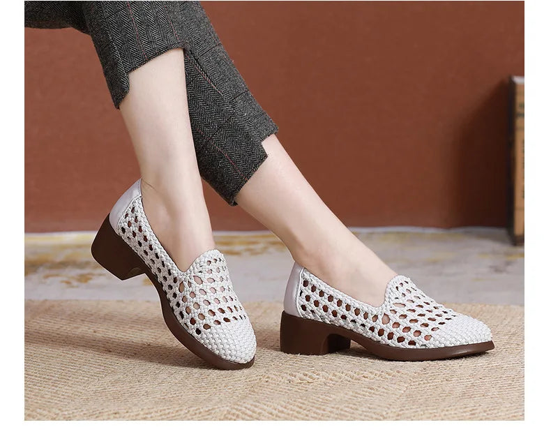 Summer Hollow Woven Breathable Shoes Women Sandals Big Size Thick Heels Genuine Leather Shoes Summer Casual Sandals
