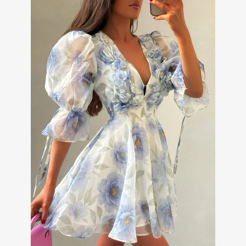 Pink Floral Printed Backless Mini Dress Women Elegant O Neck Long Sleeved Ruffles A-line Dresses Summer Chic Female Vestidos