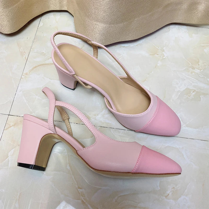 2023Spring Autumn Fashion High Heels Sandals Women's Dress Square Toe Slingback Shoes Women's Color Block Back With Flat Sandals