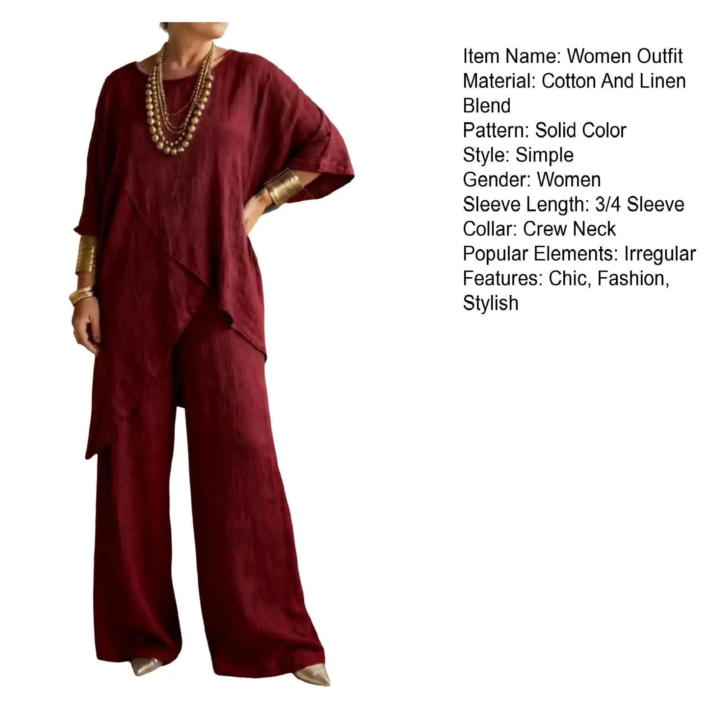 Women's Cotton Linen 2-piece Sets Large Size Casual Wear Sportswear Suit Short-Sleeved O-Neck Top Wide Leg Pants Suits For Women