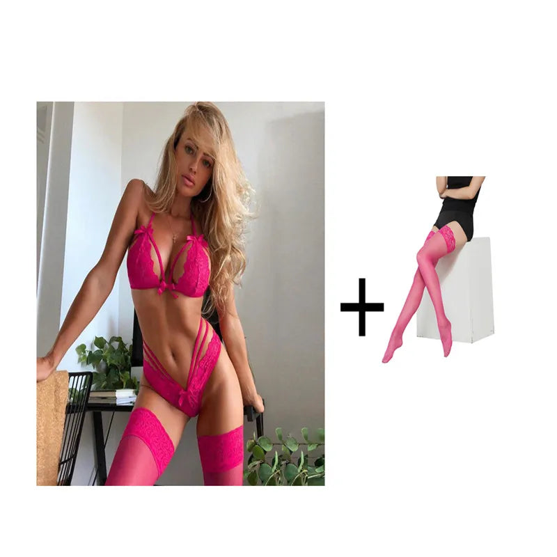 Women's Sexy Underwear Set 3-piece Exotic Set Sexy Lace Bra Bandage Panties + Stockings Erotic Transparent Bra Set