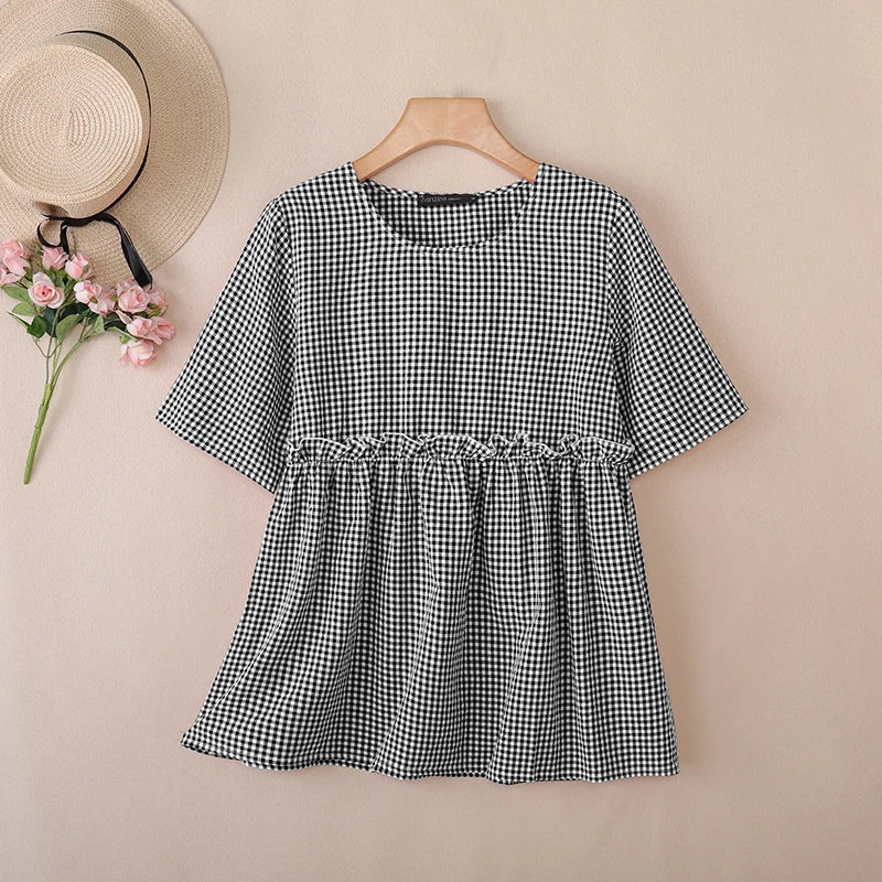2025 ZANZEA Women Plaid Checked Blouse Summer Casual O Neck Short Sleeve Blusas Loose Tops Stylish Ruffled Work Shirt Oversize