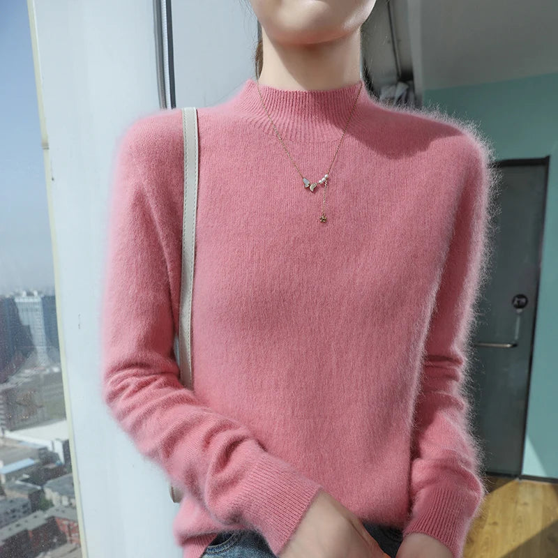 2024 Autumn And Winter New Women's Semi High Neck New Fashion Mink Sweater Long Sleeved Loose Sweater Slimming Knit Sweater Base
