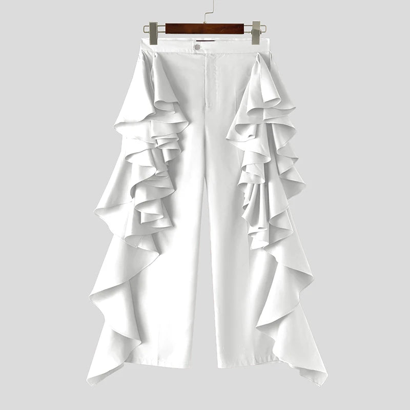 INCERUN 2025 American Style Trousers Fashion New Men Double-layer Flounce Pants Male Casual Solid Color Wide Leg Pantalons S-5XL