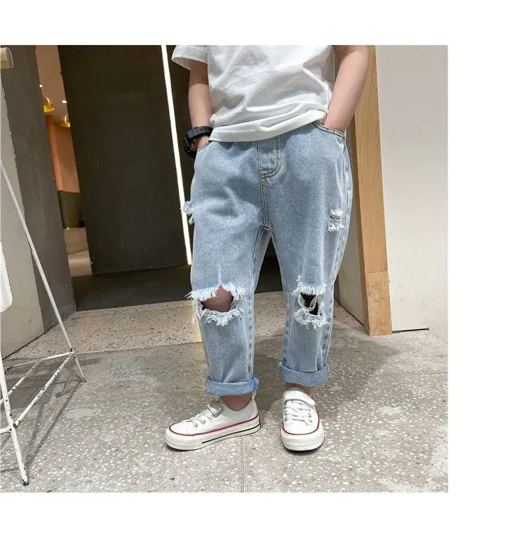 Kids Boys Pants Summer Ripped Jeans New Fashion Children's Baby Loose Casual Jeans Pants Boy and Girl Trousers
