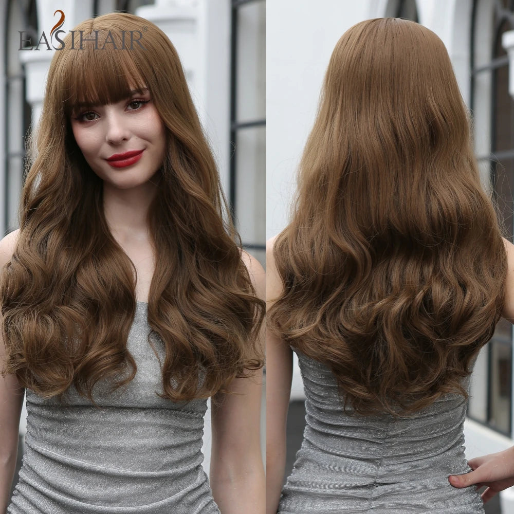 EASIHAIR Dark Brown Long Curly Synthetic Wig with Bangs Brown Women's Wigs for Cosplay Daily Use Heat Resistant Natural Hair